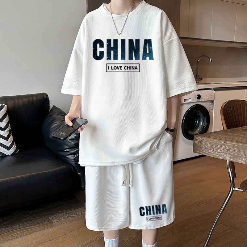 Waffe Sports suit Men's Summer National Fashion Teenagers Short-sleeved T-shirt Casual Shorts Two-piece Set for Boys