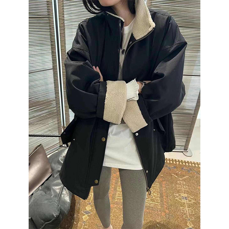 欧洲站2025冬季欧货女装慵懒拼毛毛立领中长款加厚棉服风衣外套女