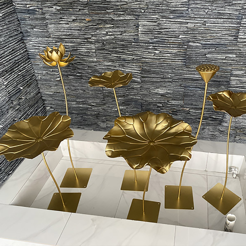 不锈钢荷叶铁艺荷花摆件会所室内水池水景金属莲花软装艺术装饰品