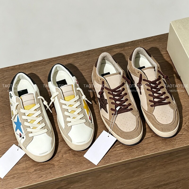 Vintage distressed star sneakers for women, graffiti brown glitter star casual flat shoes, versatile for commuting Vintage distressed star sneakers for women, graffiti brown glitter star casual flat shoes, versatile for commuting