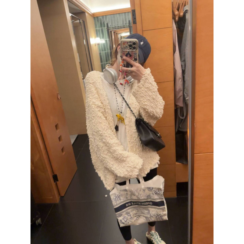 韩版慵懒风百搭肌理感重工棒针编织V领宽松针织毛衣开衫外套