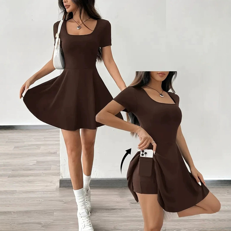 Cross-border European and American sexy backless women's dress, solid color, waist-cinching A-line short-sleeve dress, fashionable slimming short dress for women Cross-border European and American sexy backless women's dress, solid color, waist-cinching A-line short-sleeve dress, fashionable slimming short dress for women