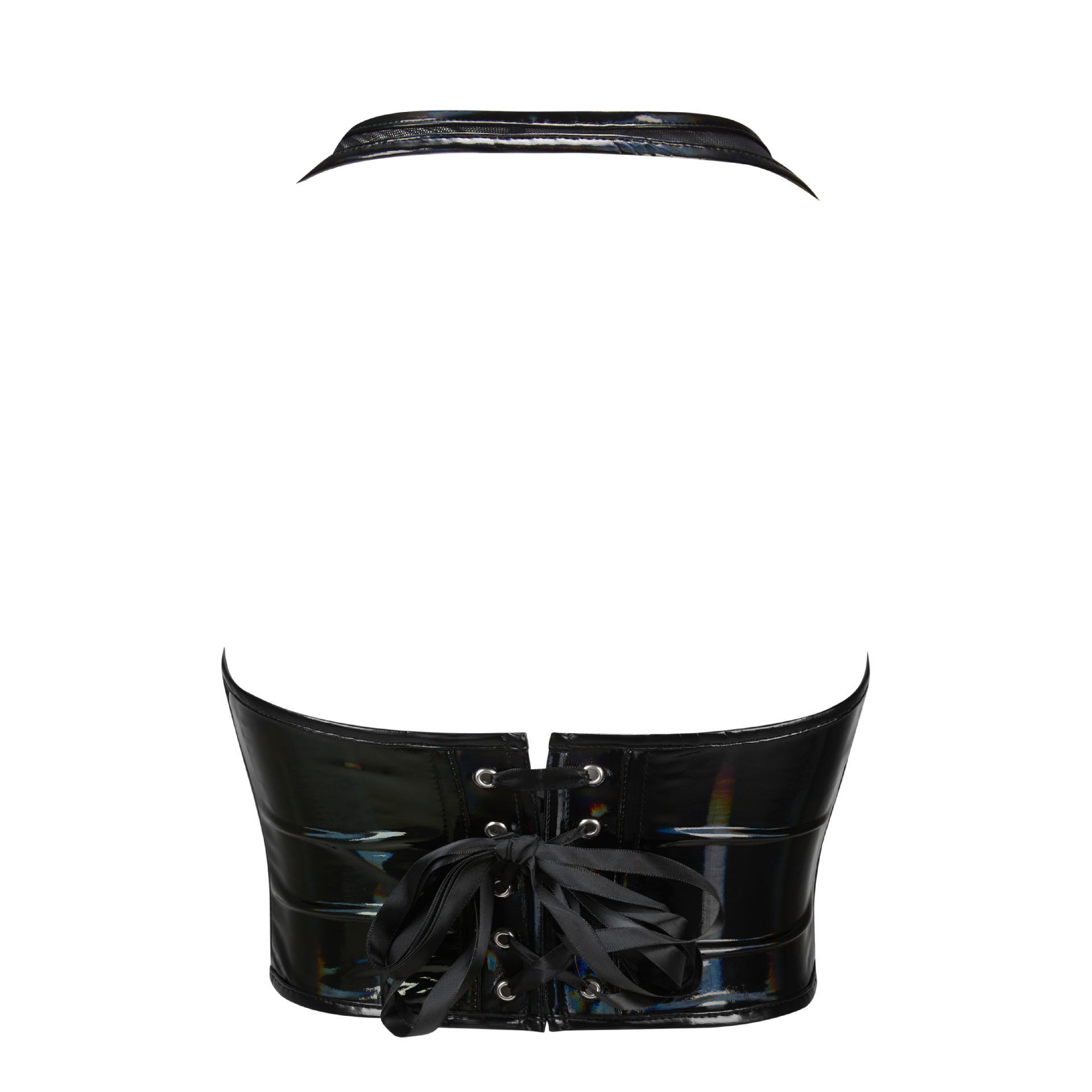 Europa y los Estados Unidos correa nueva malla de cuero PU empalmado hueco sexy envuelto pecho cuello plástico ropa de mujer suministro transfronterizo