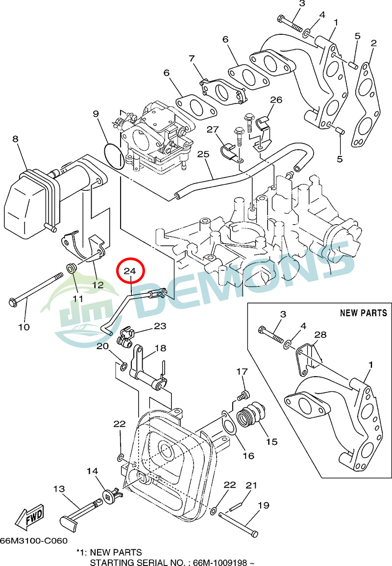 24)翟墨DEMONS舷外机船外挂机橡皮艇阻风门联动杆66M-41256-00