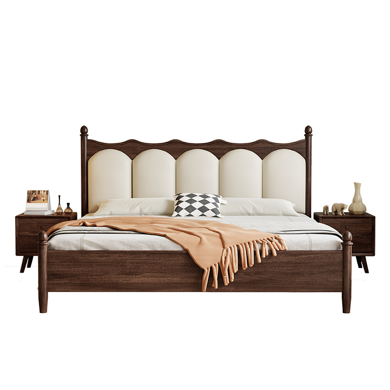 Cama de madera sólida americana retro 1.8m cama doble cama de almacenamiento cama de lujo ligera negra cama de cuero suave cama de respaldo de 1.5m cama