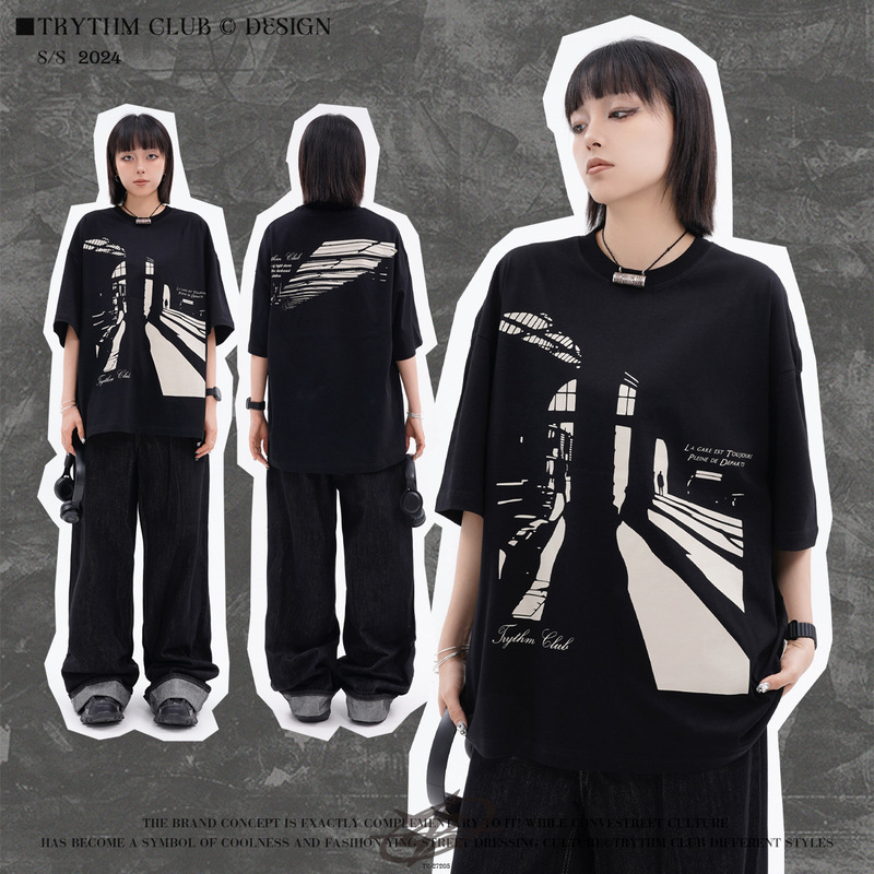 TRYTHMCLUB New Short Sleeve Round Neck Pattern Hip Hop Style European and American Style Print Spring and Summer Men's and Women's T-Shirts