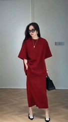 早秋新款极简松弛感宽松短袖T恤+直筒半身裙套装146