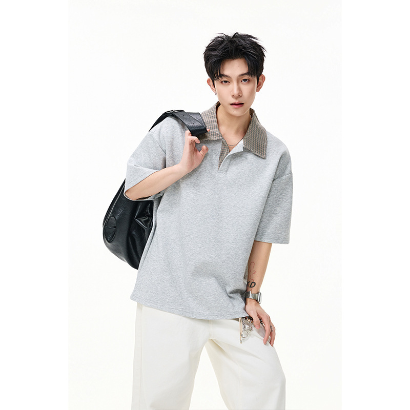 Xanvas【Original Authentic】Houndstooth Patchwork Polo Collar Ultra-Cool Ice-Feel Loka Air Layer Short-Sleeve T-Shirt Xanvas【Original Authentic】Houndstooth Patchwork Polo Collar Ultra-Cool Ice-Feel Loka Air Layer Short-Sleeve T-Shirt