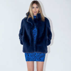 亚马逊热卖欧美外贸女装拼接长袖欧美短款人造毛皮獭兔毛兔毛外套