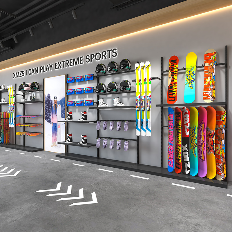 Esquí de nieve cascos de locomotora negros tienda de ropa estante de exhibición artículos deportivos estante de ropa de hombre retro