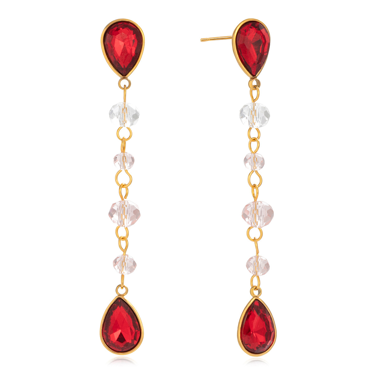 Wanxing Europa y América gota de agua aretes de vidrio rojo bordillo ligero de lujo auriculares de acero inoxidable joyas transfronterizas nicho diseño