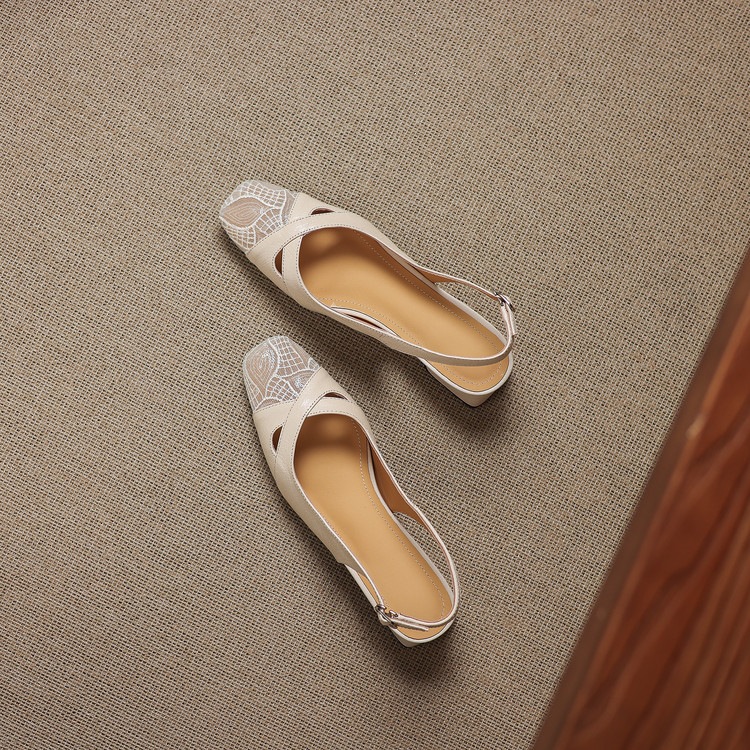 Sandal cao gót nữ hở mũi da cừu lưới phối màu quai ngang khóa — màu đen, màu trắng ngà