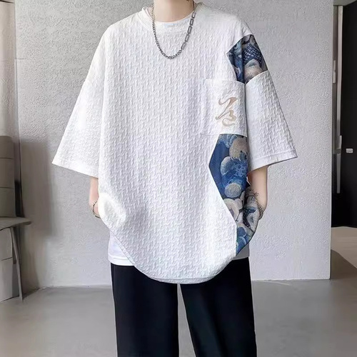 Mandarin Collage T-Shirt for Men - Summer Thin Short Sleeve with Bear Embroidery, 7/8 Sleeve, Round Neck Youth T-Shirt, Trendy Brand