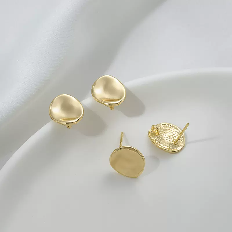 14K包金保色荷叶形带吊圆片耳钉时尚百搭diy手作材料耳环耳饰配件