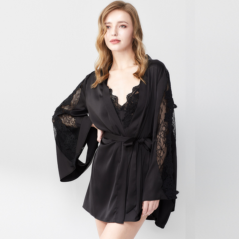 春夏新款性感镂空蕾絲睡袍女冰絲薄款浴袍睡衣家居服支持壹件代發