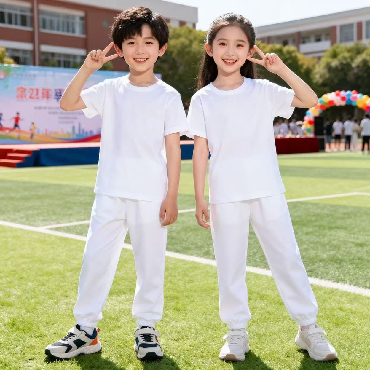 Summer long pants set for elementary school students, kindergarten activity outfit, two-piece set, colorful pure cotton T-shirt with short sleeves and white pants