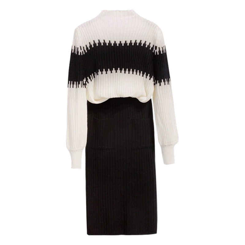 European and American Style Color-Block Striped Pullover Knit Sweater Set with Skirt, Elegant Goddess Style Lantern Sleeve Knit Sweater and Skirt