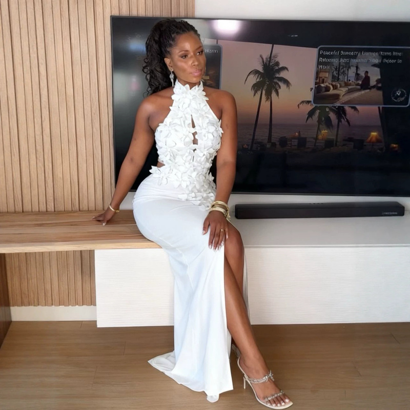 Cross-Border Three-Dimensional Floral Hollow-Out Backless Halter Bandage Dress Party Vacation Bandage Dress Evening Gown Cross-Border Three-Dimensional Floral Hollow-Out Backless Halter Bandage Dress Party Vacation Bandage Dress Evening Gown
