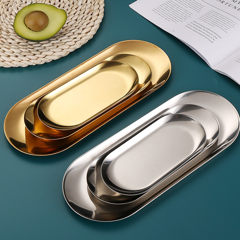 Stainless Steel Oval Disc European Style Plate Korean Style Barbecue Plate Flat Bottom Golden Small Tray Jewelry Storage Tray Towel Plate