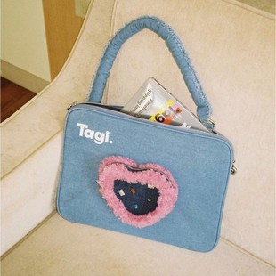 Tagi. Denim Heart Plush Bag Computer Sleeve Bag 16inch Notebook Tablet Storage Bag Satchel Shoulder