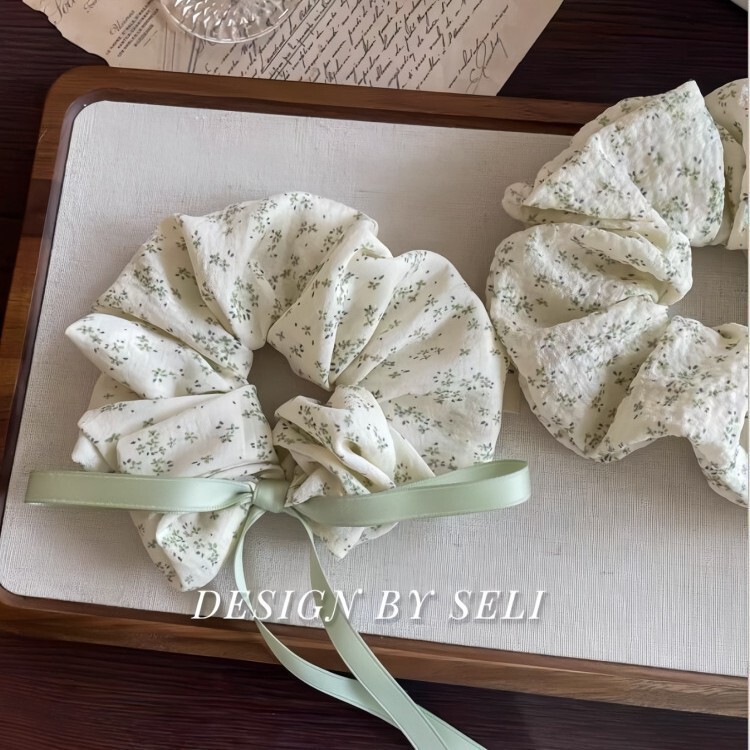 新款春夏豆沙绿色清新碎花大肠发圈纯棉蝴蝶结织带少女发绳头饰女|undefined