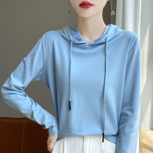 丝光棉帽衫女抽绳打底外穿秋衣宽松休闲棉质连帽t恤韩版薄卫衣