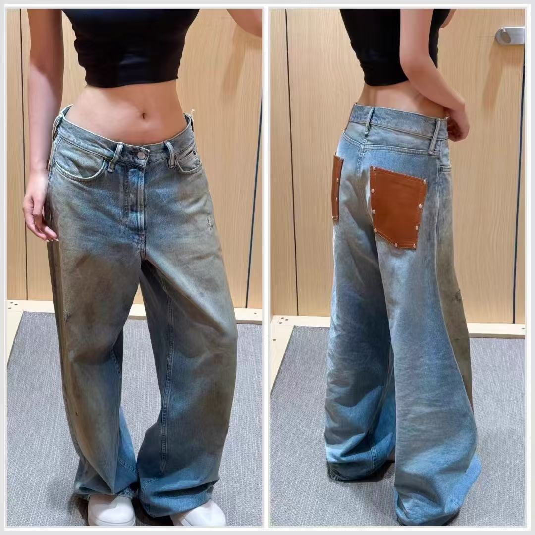 2025 Early Autumn New Nordic Niche Retro Distressed Ink Splash Pocket High-Waisted Slimming Straight-Leg Denim Pants for Women