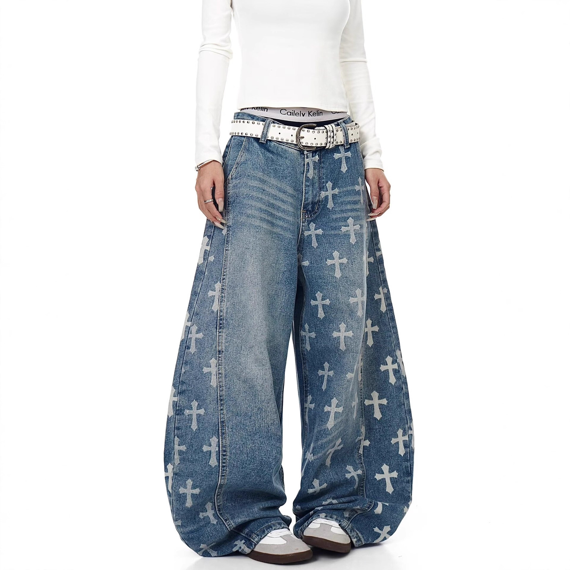 American Washed Star Jeans for Women, Simple High-Waisted Retro Straight-Leg Loose Slimming Wide-Leg Drapey Long Pants