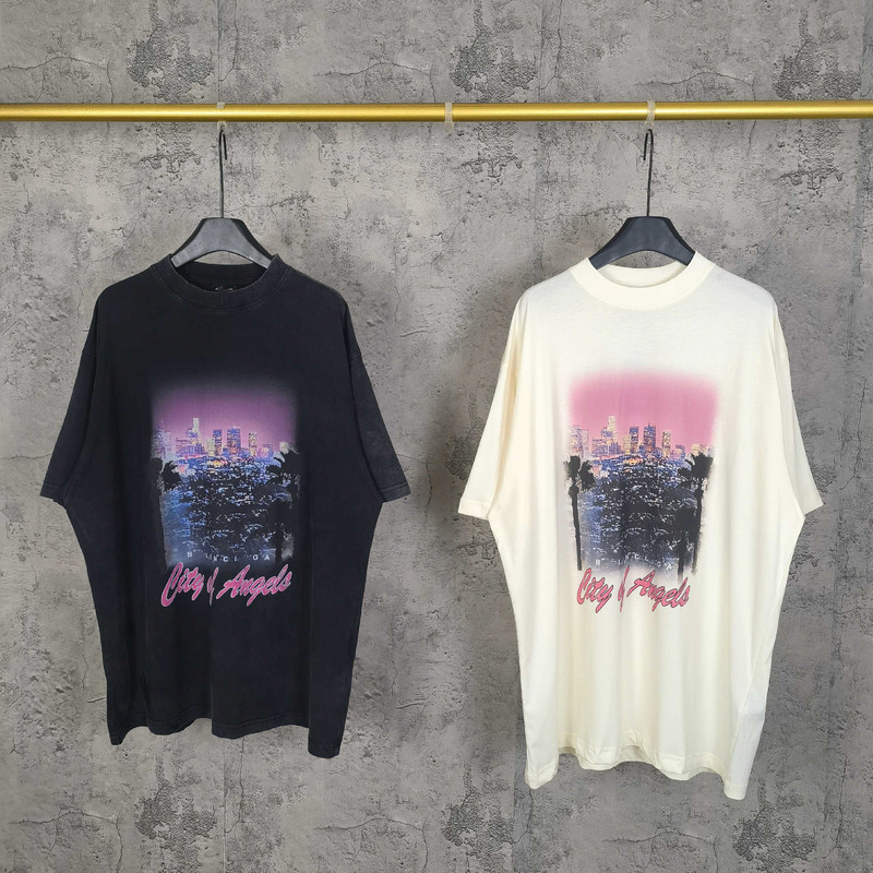 Ceiling Poisoner オリジナル パリ B エンジェルシティ ロサンゼルス 夜景 直噴プリント ラウンドネック 半袖 Tシャツ|undefined