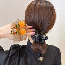 跨境批发复古风花朵水晶网纱大肠发圈可爱小女生高弹力扎头发头绳