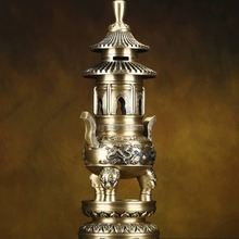 宏达 全黄铜二龙戏珠三层塔炉佛像供奉熏香炉大型铜炉摆件