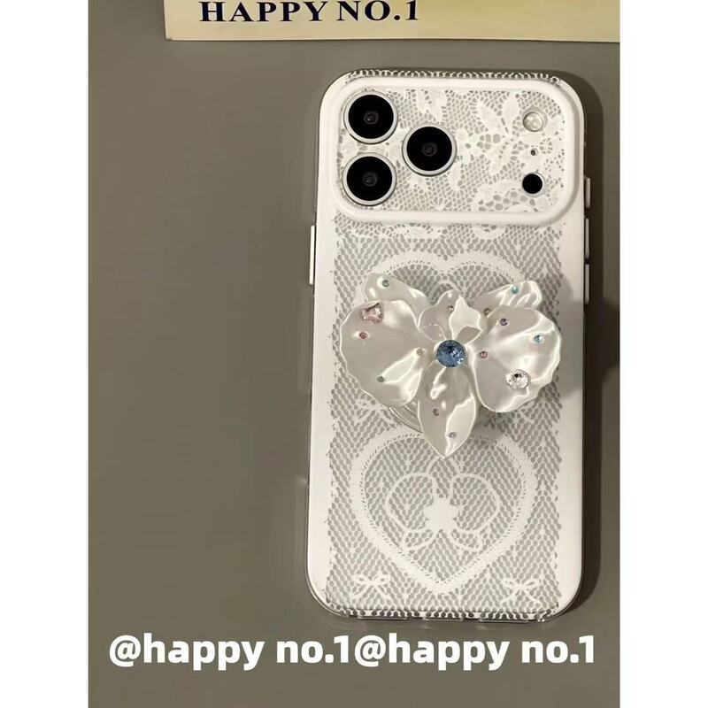 Elegant white lace floral stand case for Apple iPhone, double-layer, waterproof and shockproof for girls