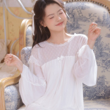 甜美亲肤蕾丝小圆领公主风睡裙复古双层网纱泡泡袖莫代尔睡衣少女