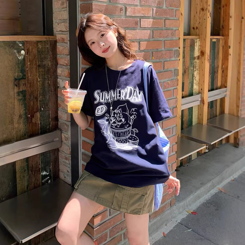 2026 Summer New Korean Style Niche Loose Cartoon Cat Letter Print T-Shirt Women's Basic Versatile Short-Sleeved Top
