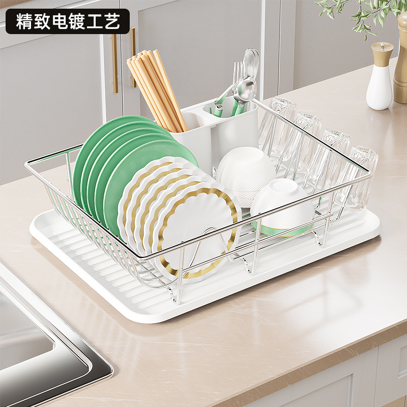 Cocina de una sola capa de galvanoplastia de acero inoxidable recipiente de drenaje estante multi-funcional integrado portavasos encimera del hogar vajilla rack de almacenamiento