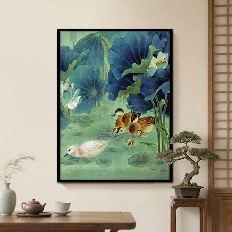 宝鸭穿莲图玄关壁画客厅办公室酒店装饰中式壁画荷花挂画竖式挂画