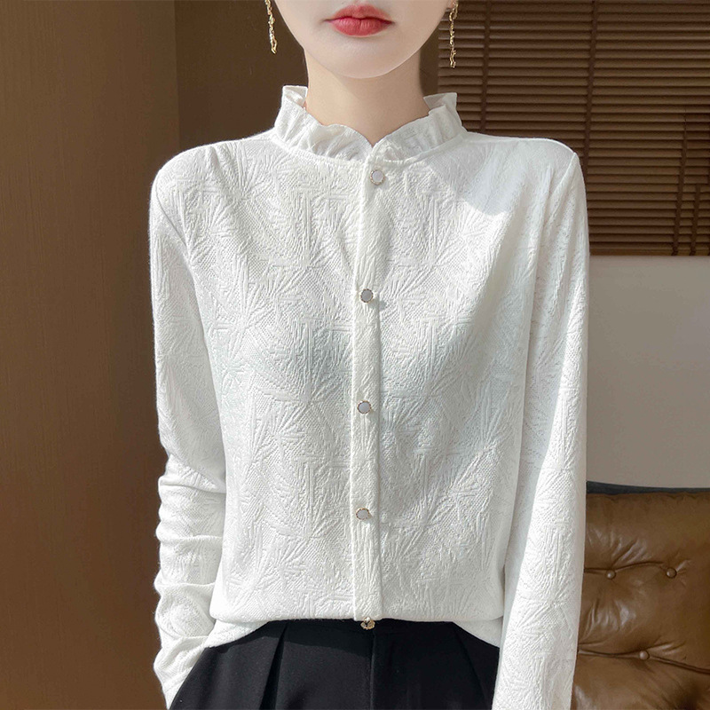 Cross-Border 2025 Autumn and Winter New Lace Collar Knitwear Bottoming Shirt Women's Half Turtleneck Jacquard Long-Sleeved Shirt European and American