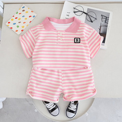 男童翻領橫條字母印花短袖休閒棉質五分褲新款夏季兩件套廠家批發