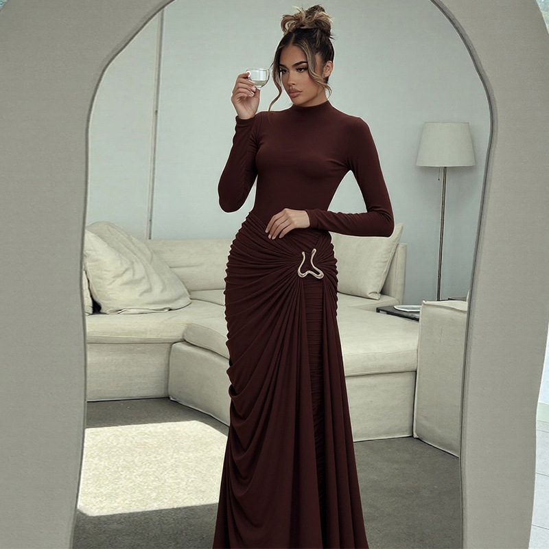 Women's Solid Color round Neck Dress Long Sleeve Fashionable Temperament European American Style Autumn New Clothing with Decorative Ring Buckle_ecoleips.com