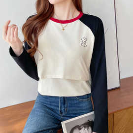 2025秋冬长袖哺乳纯棉T恤月子期宽松拼接显瘦喂奶上衣