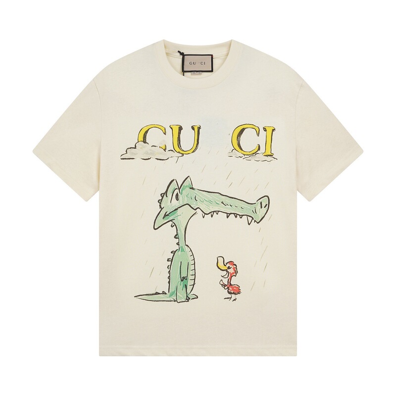 Correct Version Summer New Gu Home Cartoon Series Crocodile Print Pure Color Simple Short-Sleeved T-Shirt Tops for Men and Women