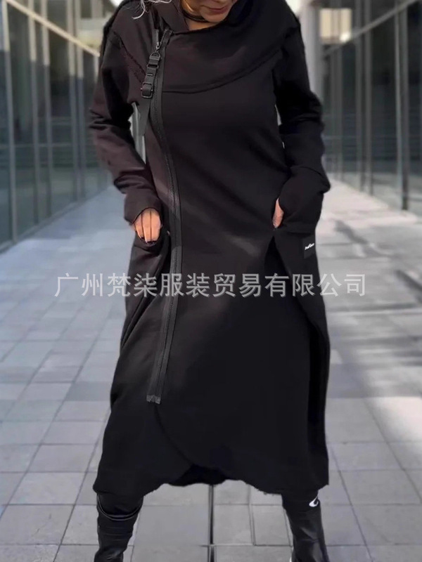 2025秋冬欧美跨境亚马逊百搭纯色长袖卫衣连帽拉链休闲长款连衣裙|undefined