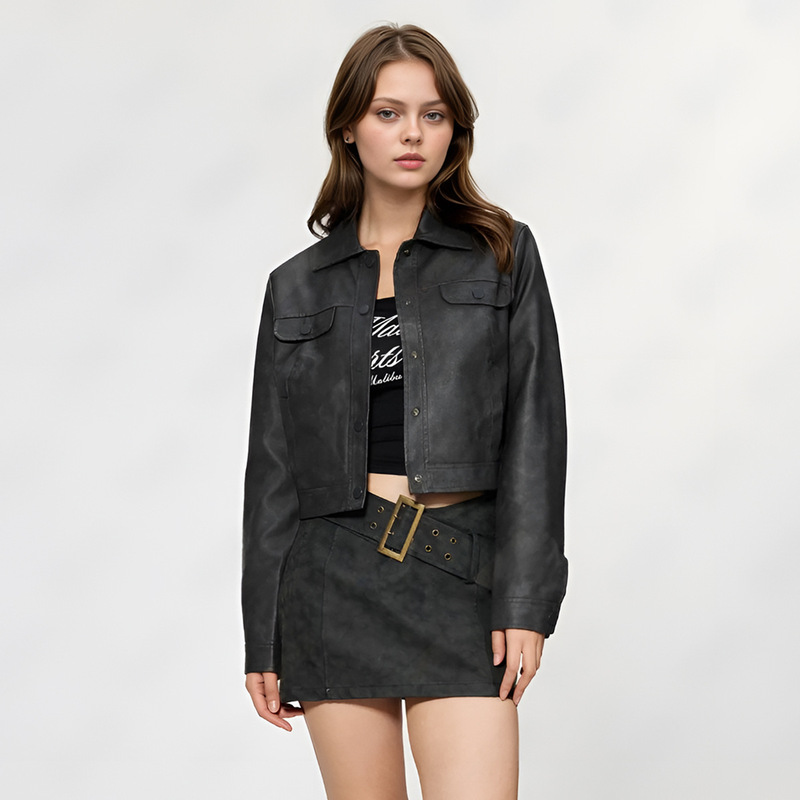 Motorcycle Leather Jacket Women's Genuine Leather Vintage PU Leather Jacket Trendy Brand Fashion Women's Cross-border Thin Casual Jacket Autumn