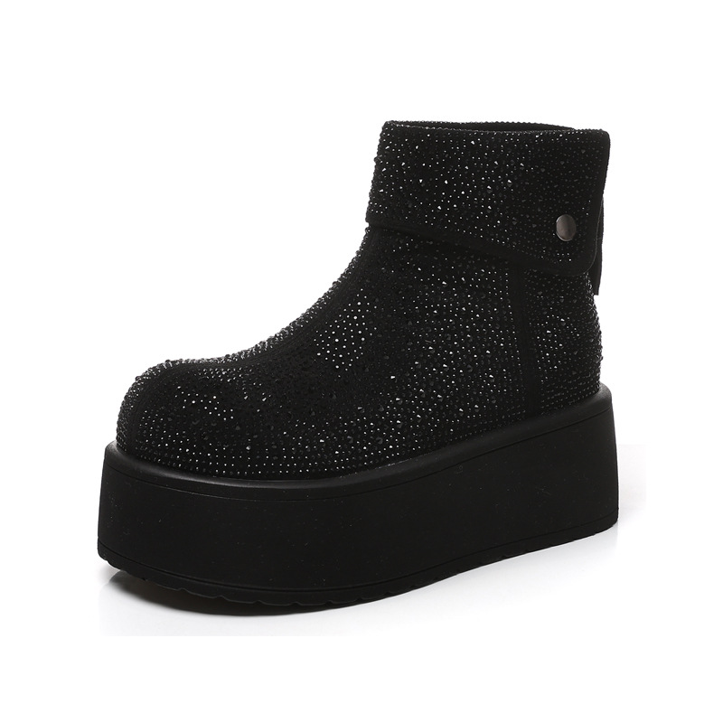 Giày boot nữ cổ cao lót nhung giữ ấm, đế dày độn cao chống trượt — Màu đen