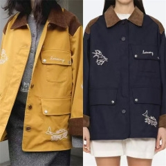 法式小众2025秋冬女装灯芯绒拼领趣味刺绣工装夹克宽松中长款外套
