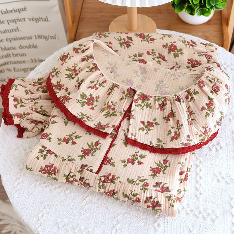Women's Pajamas, Pure Cotton Double-Layer Crepe, Korean Style Retro Doll Collar, Long-Sleeved Cotton Home Clothes, Large Size, Loose Fit, Can Be Worn Outside Women's Pajamas, Pure Cotton Double-Layer Crepe, Korean Style Retro Doll Collar, Long-Sleeved Cotton Home Clothes, Large Size, Loose Fit, Can Be Worn Outside