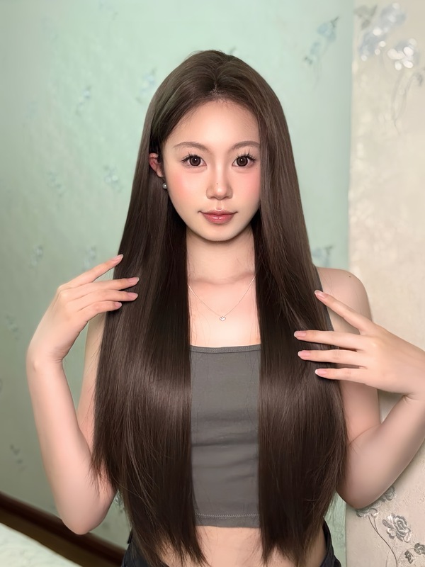 冷棕色中分长直发自然无痕手钩蕾丝全头套假发女韩系百搭|undefined