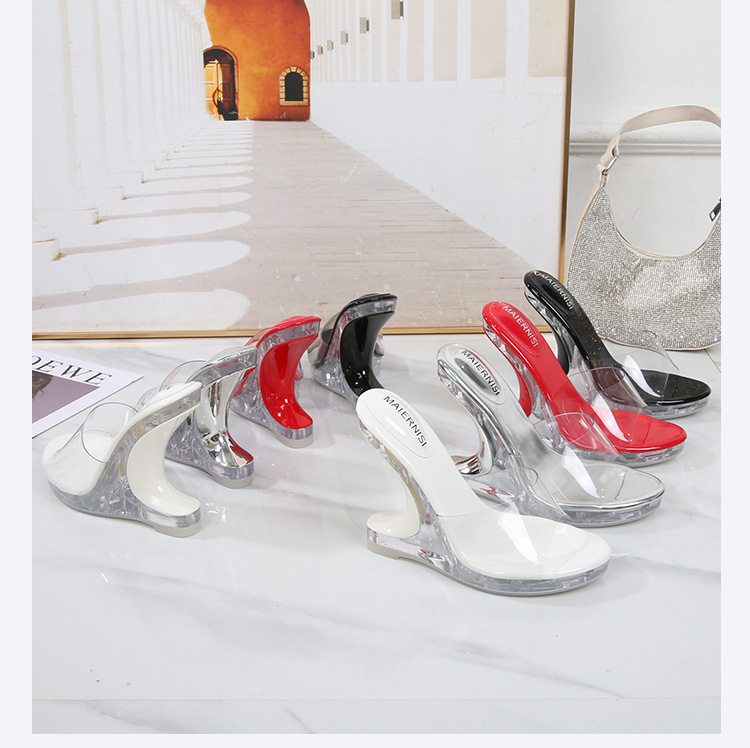 Giày sandal cao gót nữ trong suốt pha lê hở mũi gót nhọn — bạc, màu đỏ, trắng, đen chi tiết 26