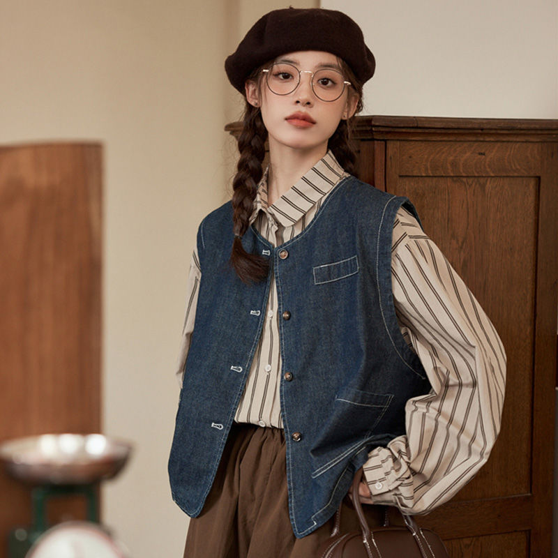 Japanese Retro Denim Vest Jacket for Women, Spring and Autumn 2026 New Style, Layered Wear, Shirt Vest, Gilet