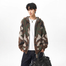 简恒男士毛衣轻奢痞帅慵懒风复古破洞迷彩拉链连帽开衫针织衫情侣